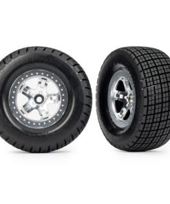 TRX10476 Tires & wheels, assembled, glued (SCT, satin chrome wheels, beadlock type (dual profile 2.2" outer 3.0" inner, Hoosier  tires, foam inserts) (2) (2WD front)