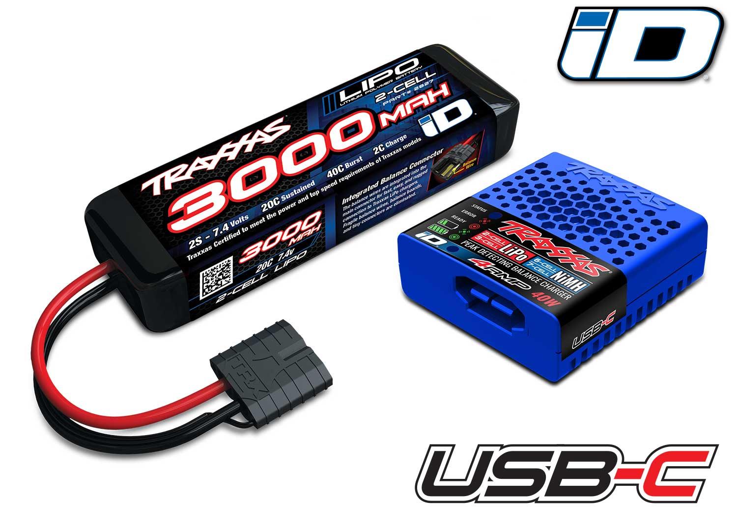 TRX2985-2S Battery/charger completer pack (includes #2985 USB-C NiMH/LiPo iD charger (1), #2827X 3000mAh 7.4V 2-cell 20C LiPo iD Ba