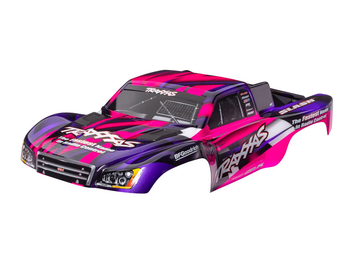 TRX5851-PINK Body, Slash 2WD (also fits Slash VXL & Slash 4X4), pink & purple (painted, decals applied) (assembled with front & rear latches for clipless mounting)