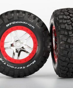 TRX5975A Tire & wheel assy, glued (SCT Split-Spoke chrome, red beadlock style wheel, BFGoodrich Mud-Terrainâ„¢  T/A KM2 tire, inserts) (2) (front/rear)
