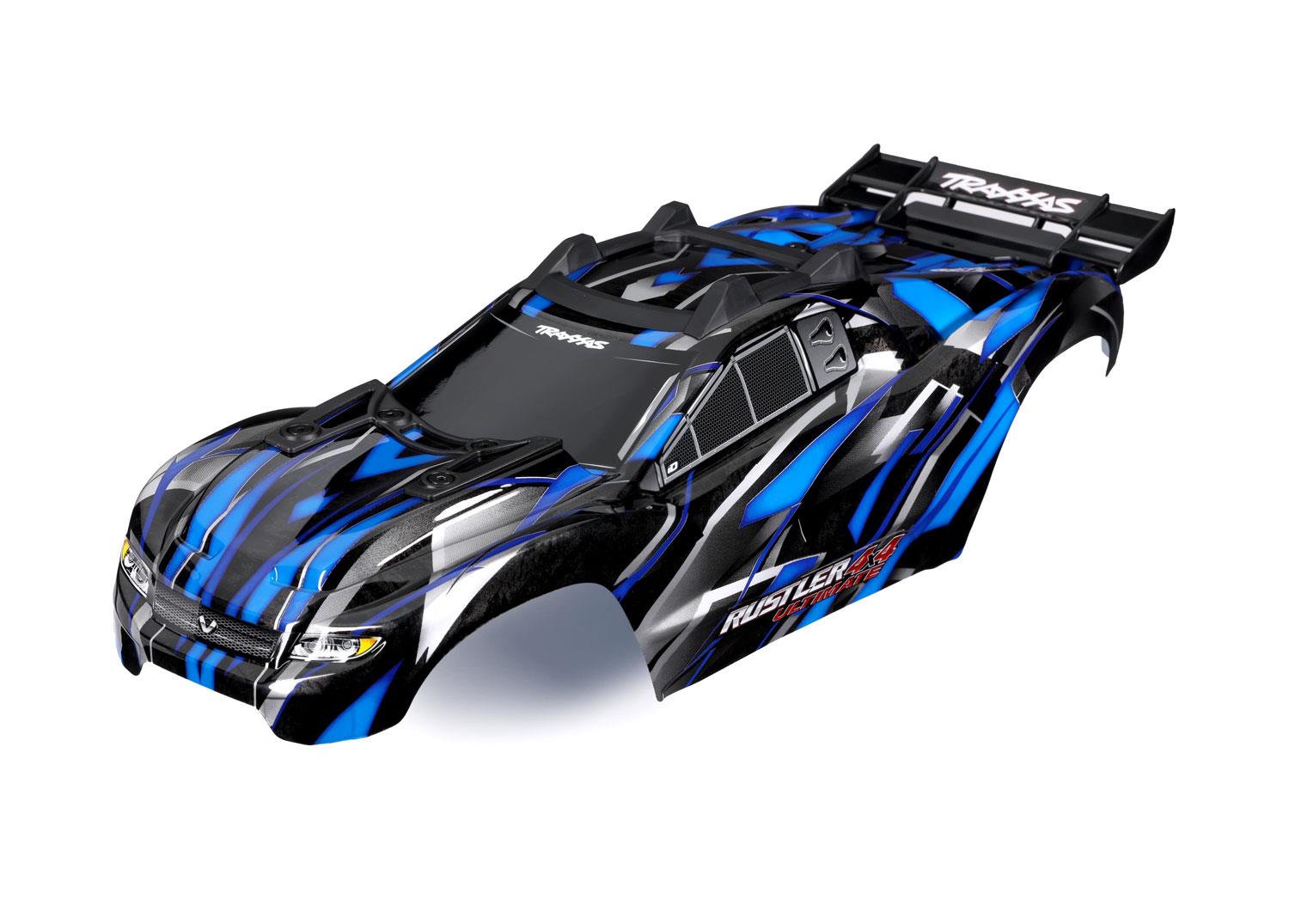 TRX6749-BLUE Body, Rustler 4X4 Ultimate, blue (painted, decals applied) (assembled with front & rear body mounts and rear body support for clipless mounting)