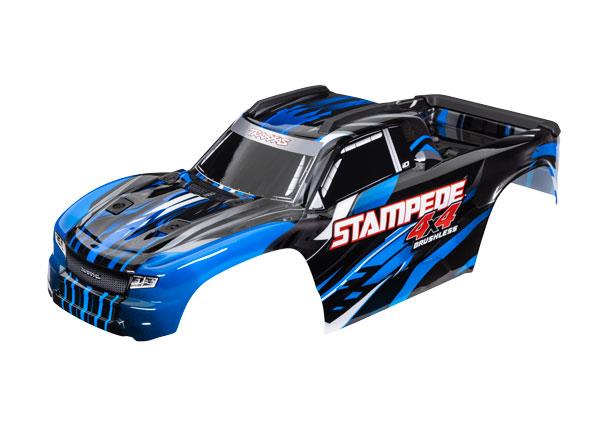 TRX6762-BLUE Body, Stampede 4X4 Brushless, blue (painted, decals applied) (assembled with front & rear body mounts and rear body support for clipless mounting)
