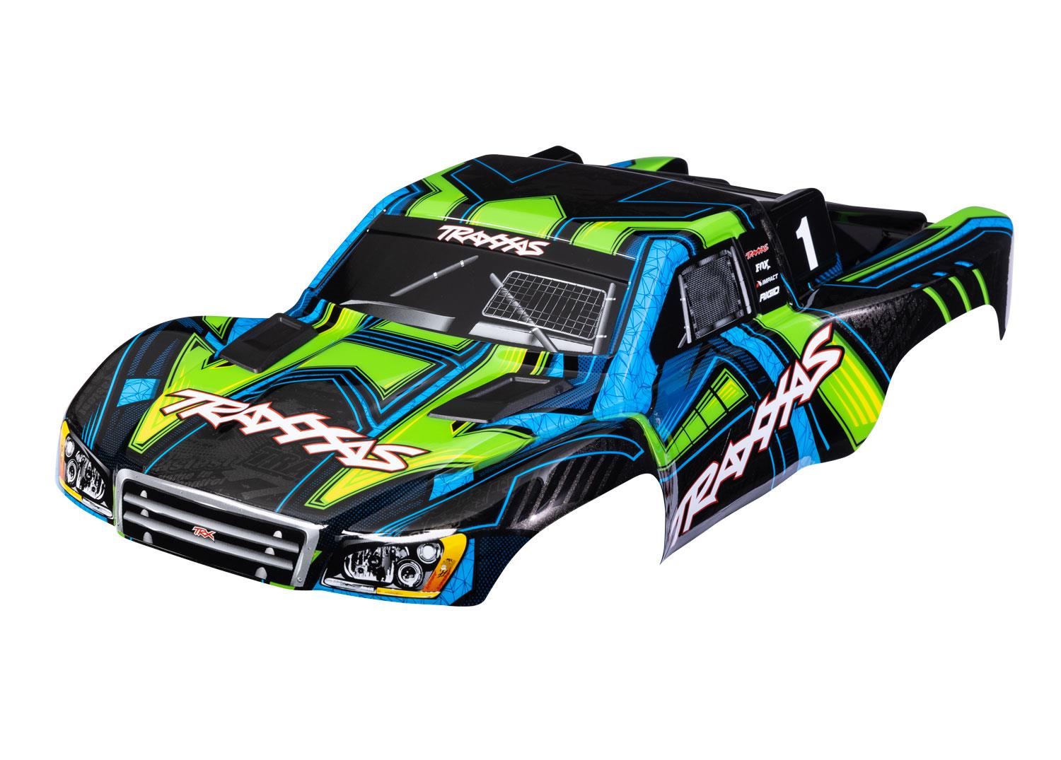 TRX6844-GRN Body, Slash 4X4 (also fits Slash VXL & Slash 2WD), green and blue (painted, decals applied) (assembled with front & rear latches for clipless mounting)