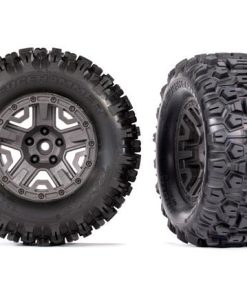 TRX8979A Tires & wheels, assembled, glued (black chrome wheels, belted Sledgehammer All-Terrain tires, dual profile (2.9' outer, 3.8' inner), foam inserts) (2) (17mm splined) (TSM rated)