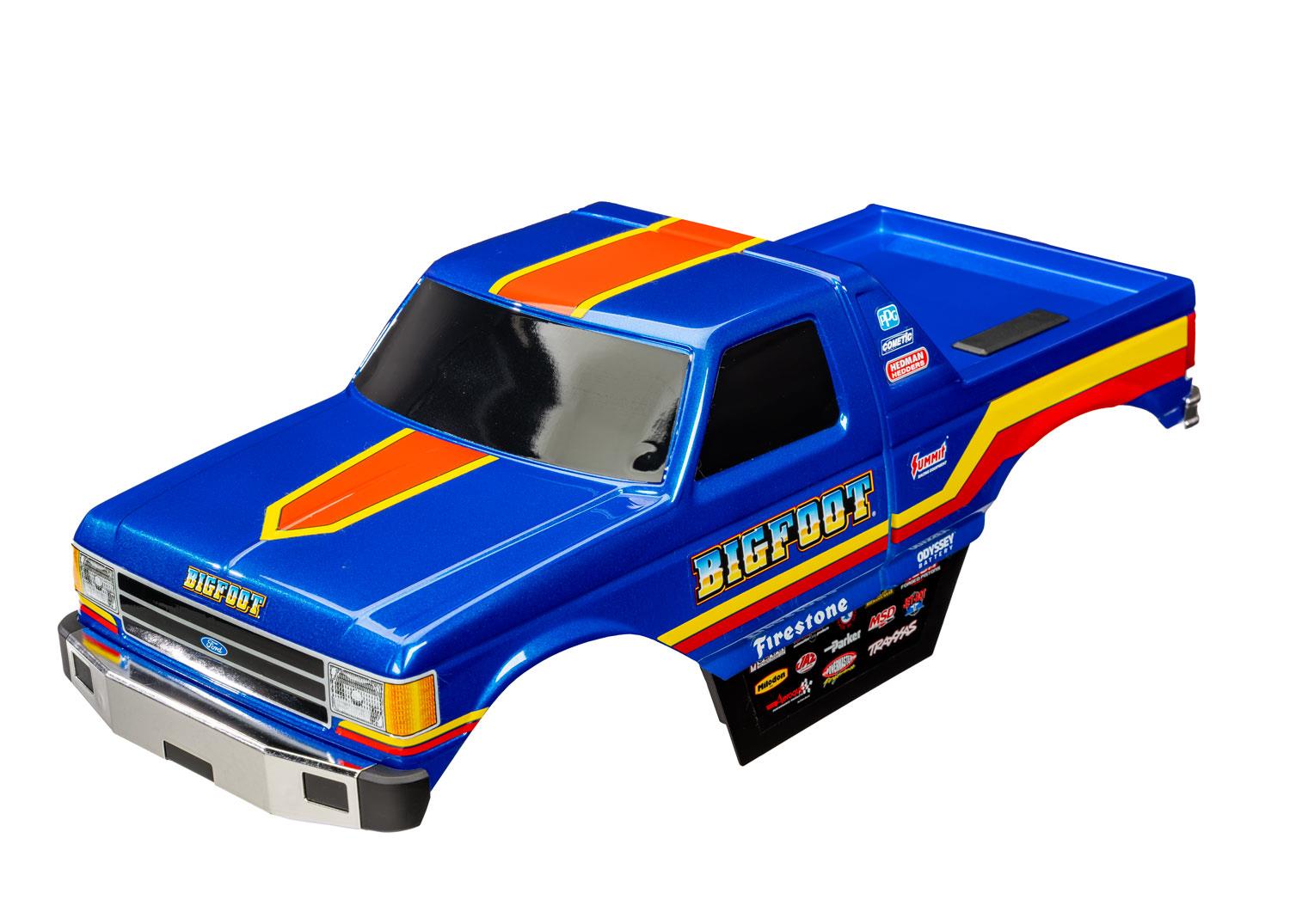 TRX9020-BLUE Body, Bigfoot No. 8, Officially Licensed replica, complete (painted, decals applied) (assembled with body support for clipless mounting)