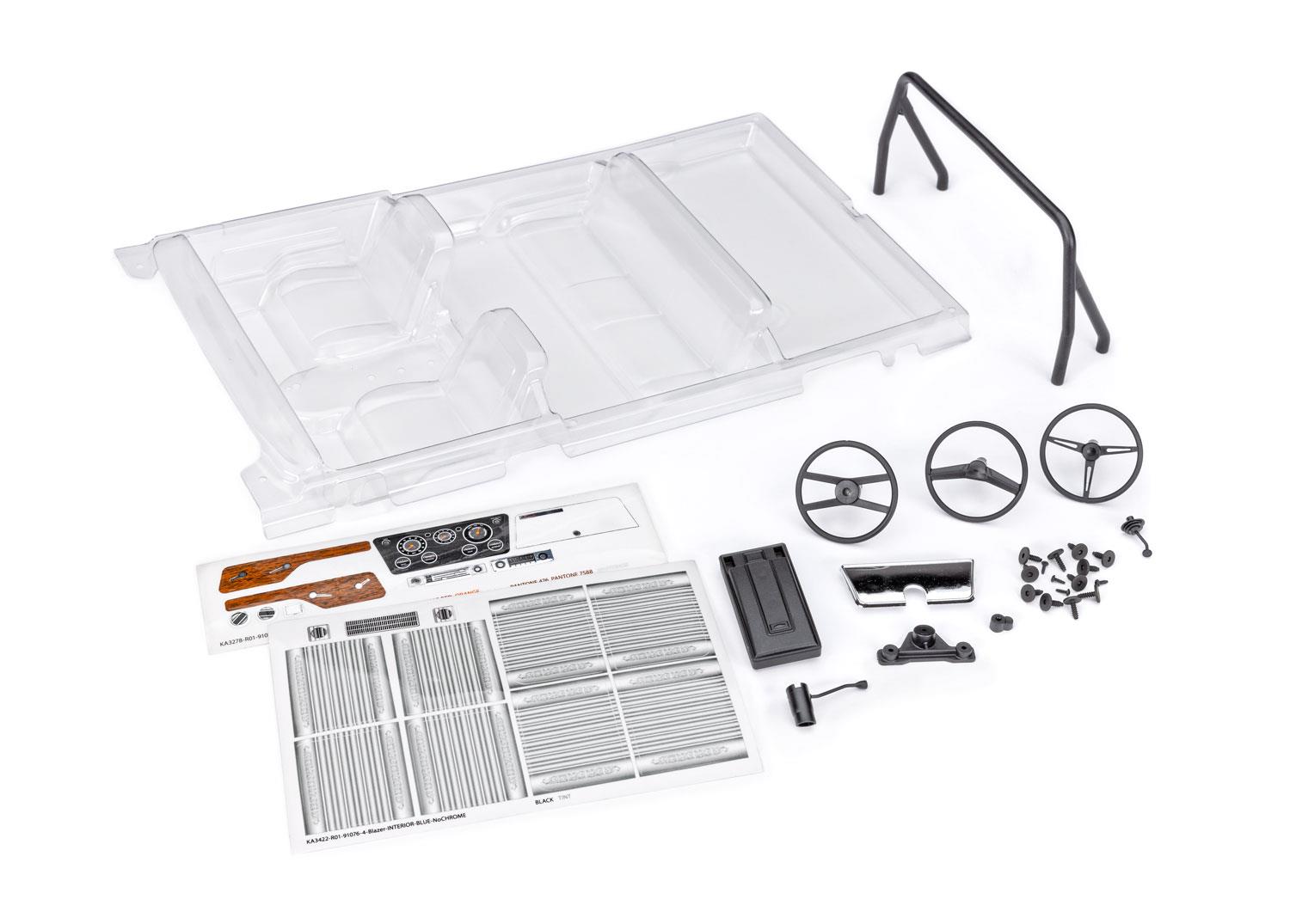 TRX9114 Interior, Chevrolet Blazer (1969 -1972) (clear, requires painting) (includes rollbar, gauge bezel, steering wheel and column, shifter, armrest, decals) (fits #9111 and 9112 bodies) (requires #9128 body cage for installation)