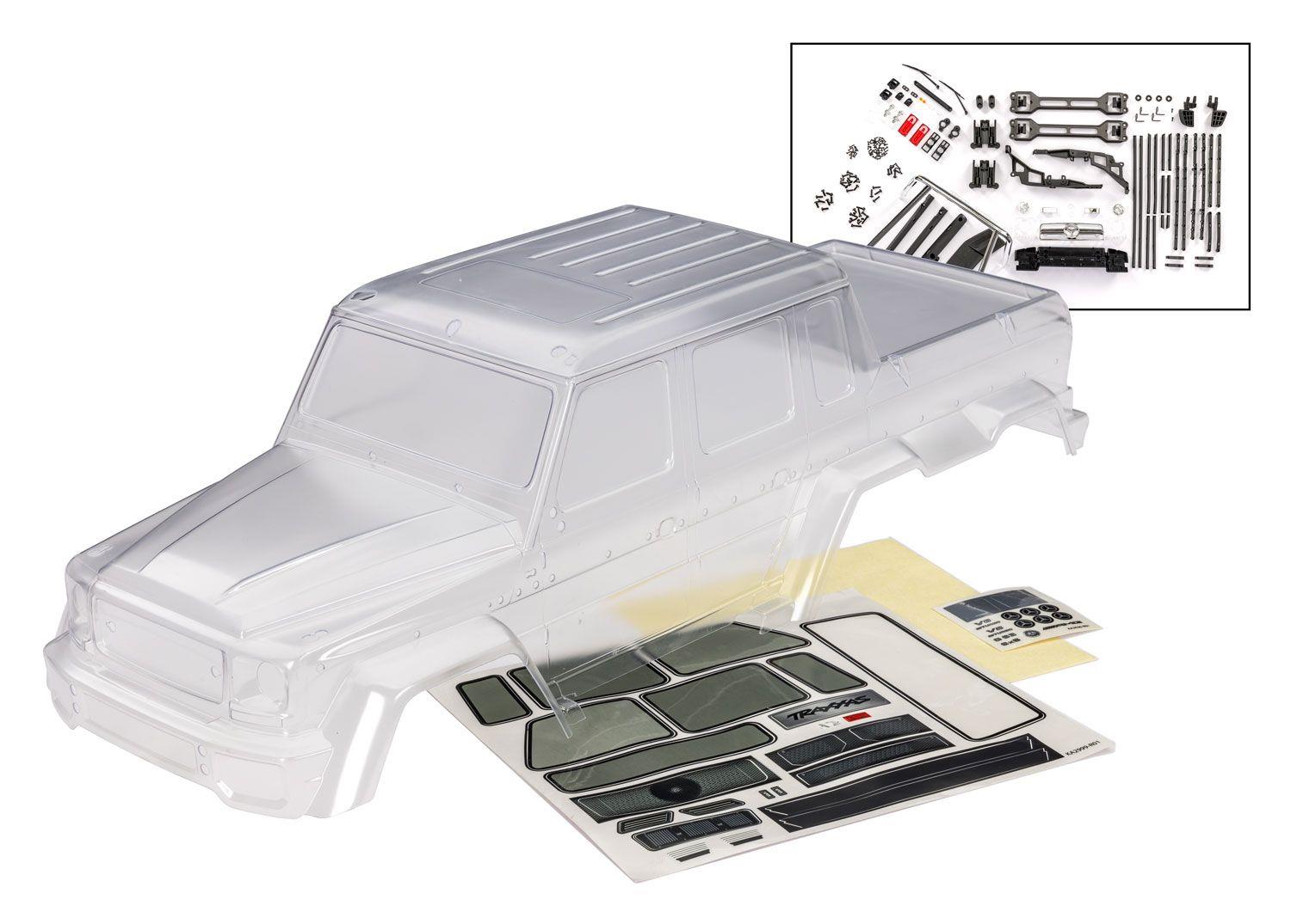 TRX9129 Body, Mercedes-Benz G 63 (clear, requires painting)/ decals/ window masks (includes grille, side mirrors, door handles, windshield wipers, & clipless mounting) (requires #8080X & 8828X inner fenders)